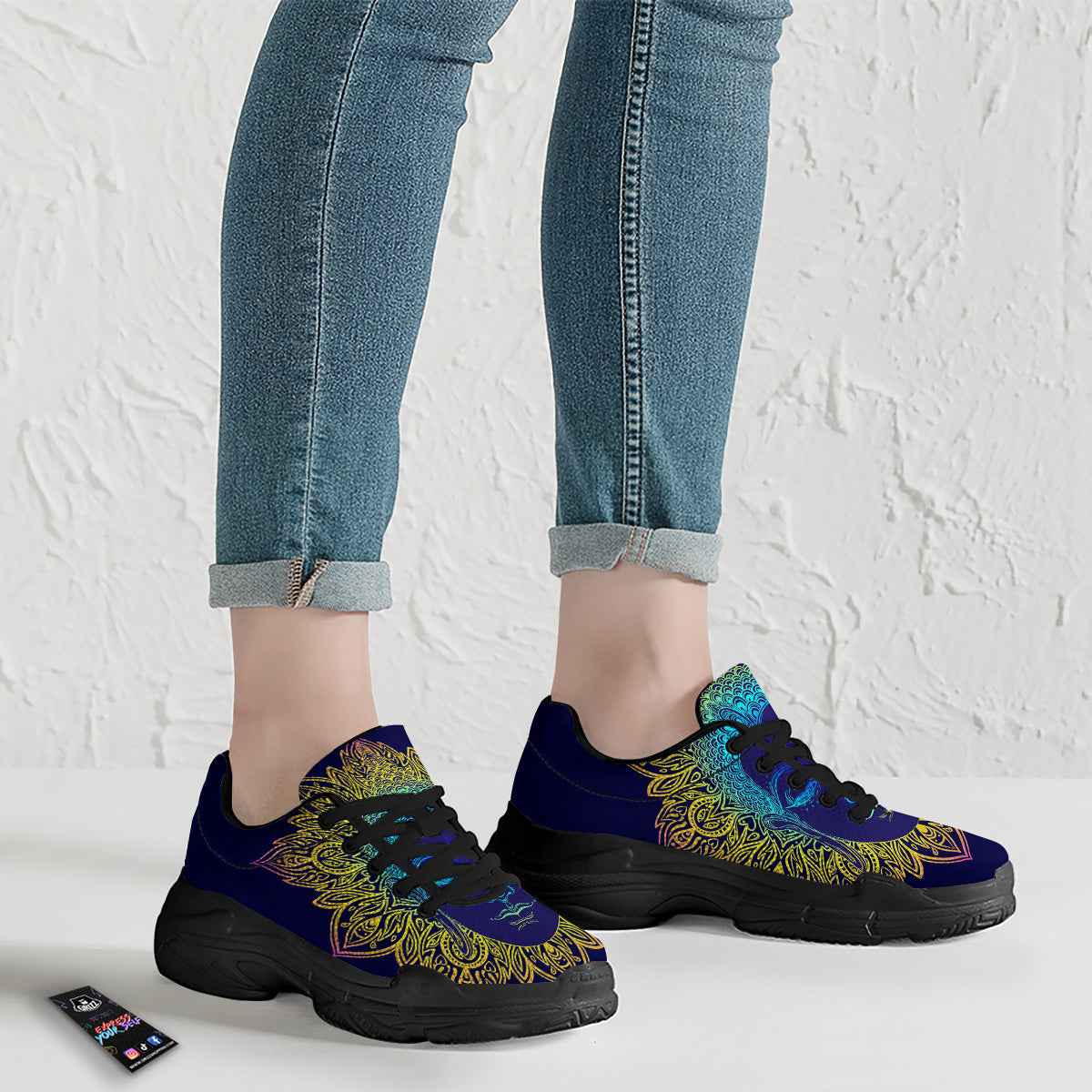 Mandala Buddha Colorful Print Black Chunky Shoes-grizzshop