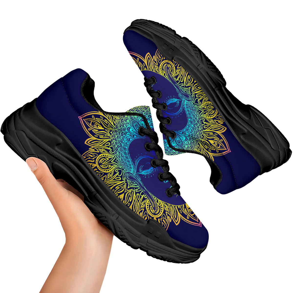 Mandala Buddha Colorful Print Black Chunky Shoes-grizzshop