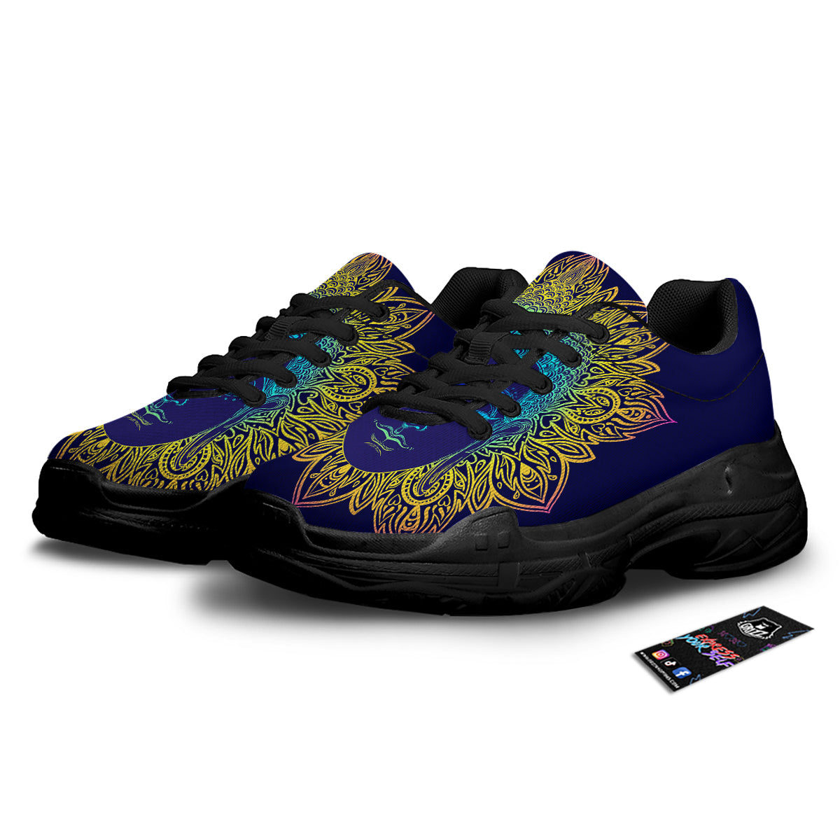 Mandala Buddha Colorful Print Black Chunky Shoes-grizzshop
