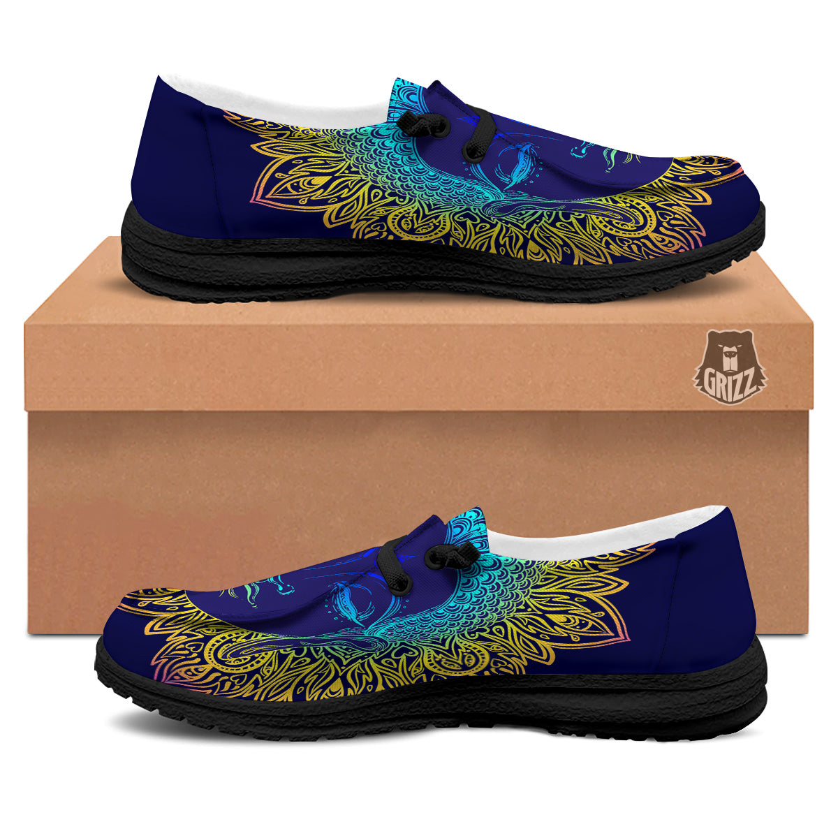 Mandala Buddha Colorful Print Black Loafers-grizzshop