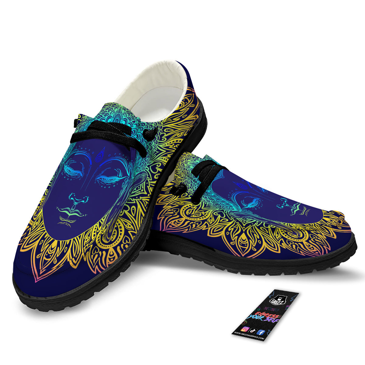 Mandala Buddha Colorful Print Black Loafers-grizzshop