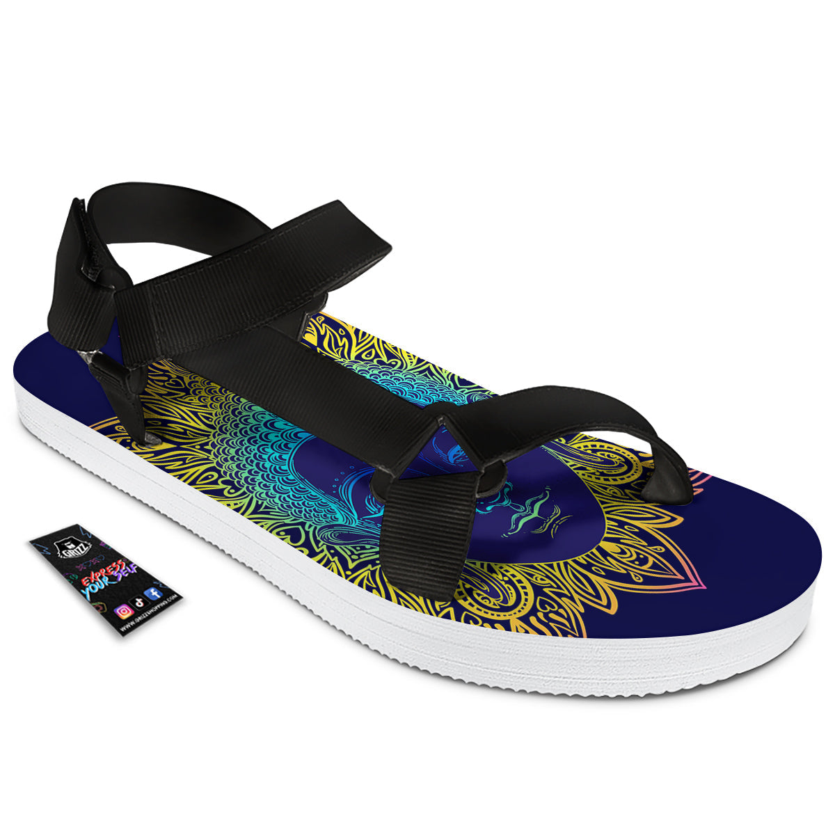 Mandala Buddha Colorful Print Black Open Toe Sandals-grizzshop