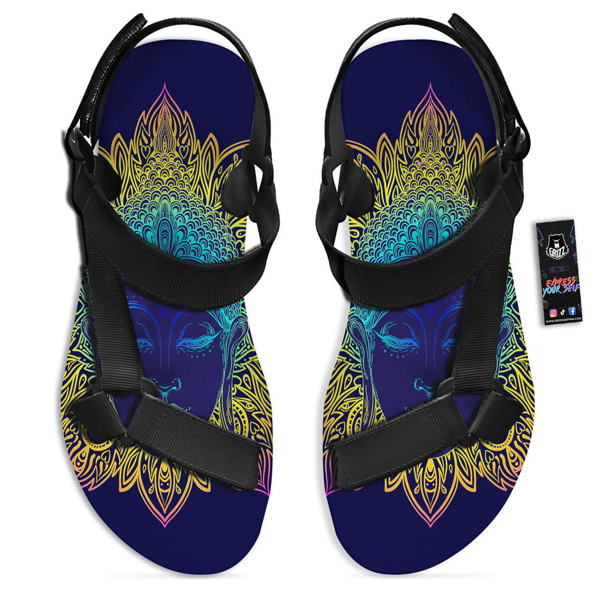 Mandala Buddha Colorful Print Black Open Toe Sandals-grizzshop