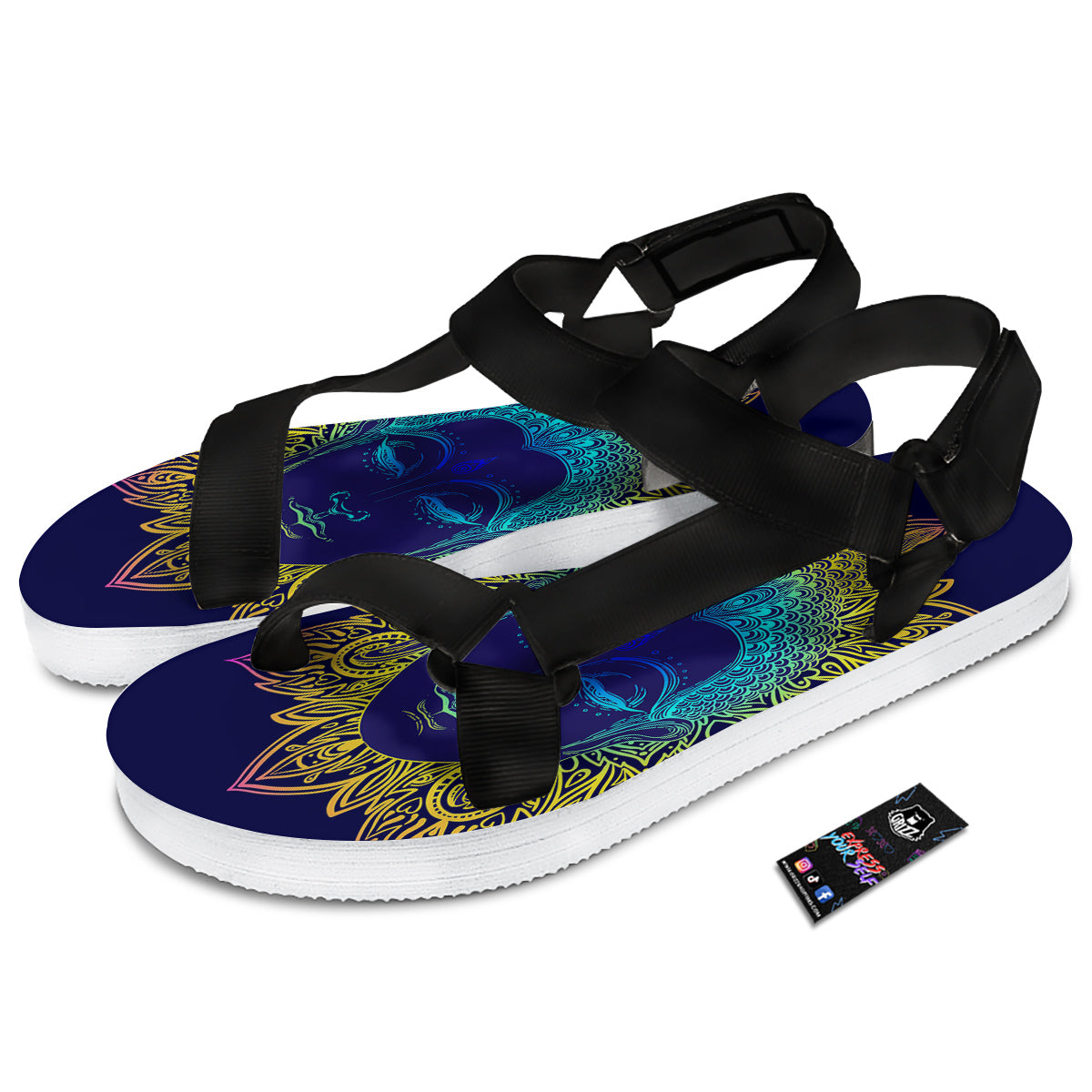 Mandala Buddha Colorful Print Black Open Toe Sandals-grizzshop