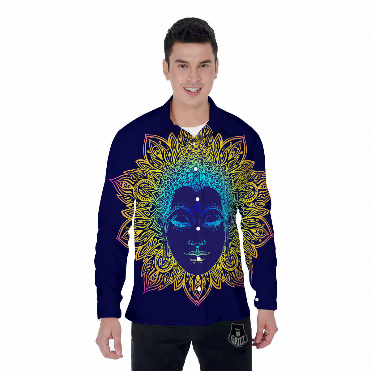 Mandala Buddha Colorful Print Men's Long Sleeve Shirts-grizzshop