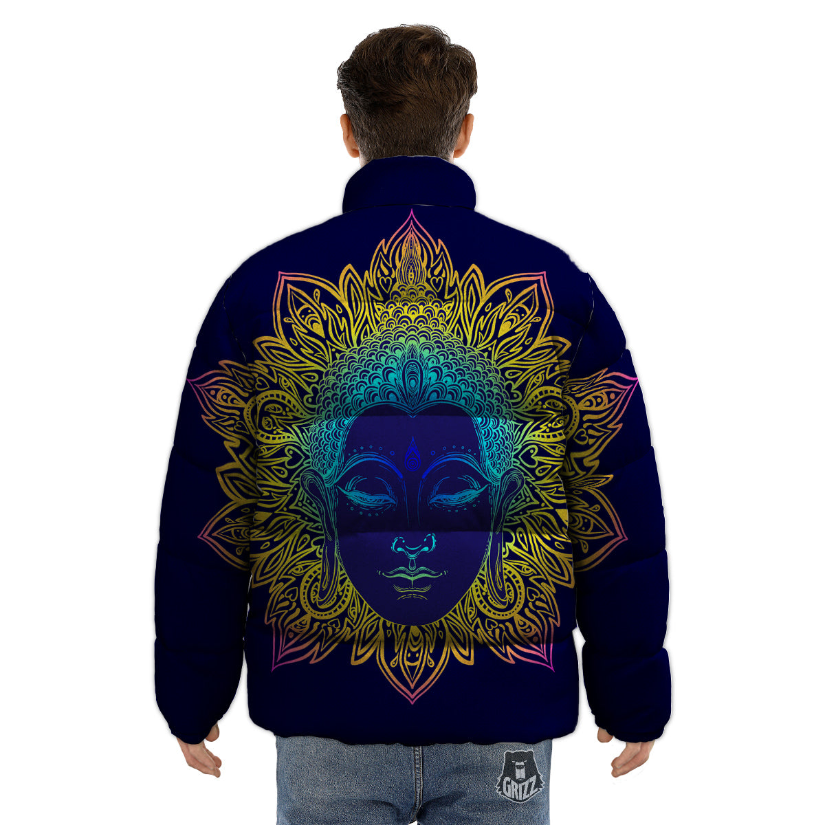 Mandala Buddha Colorful Print Puffer Jacket-grizzshop