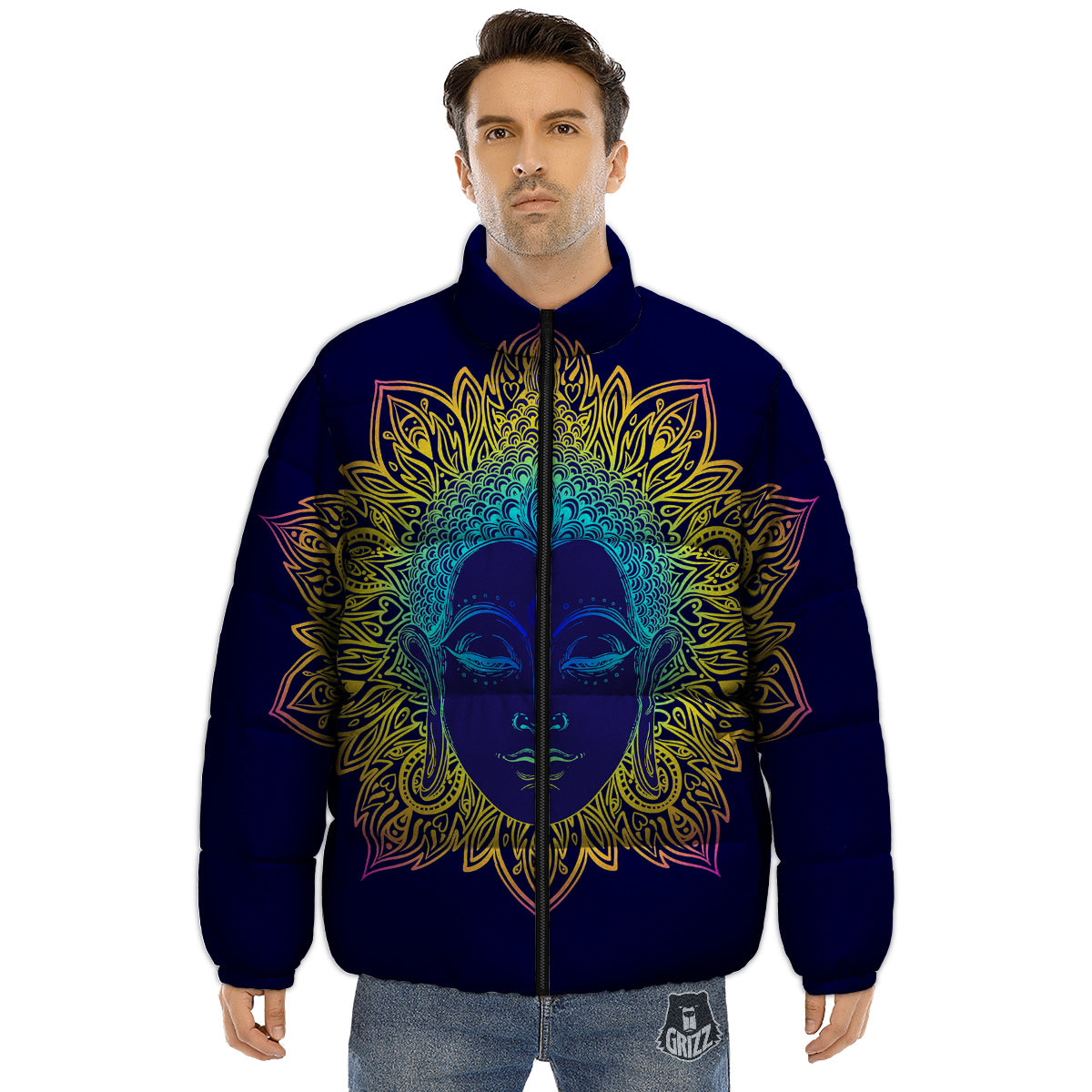 Mandala Buddha Colorful Print Puffer Jacket-grizzshop