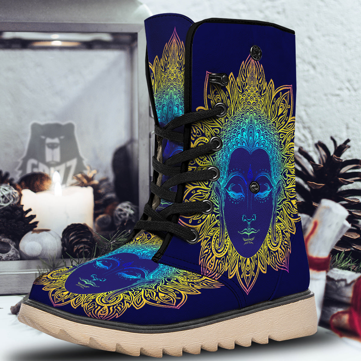Mandala Buddha Colorful Print Snow Boots-grizzshop