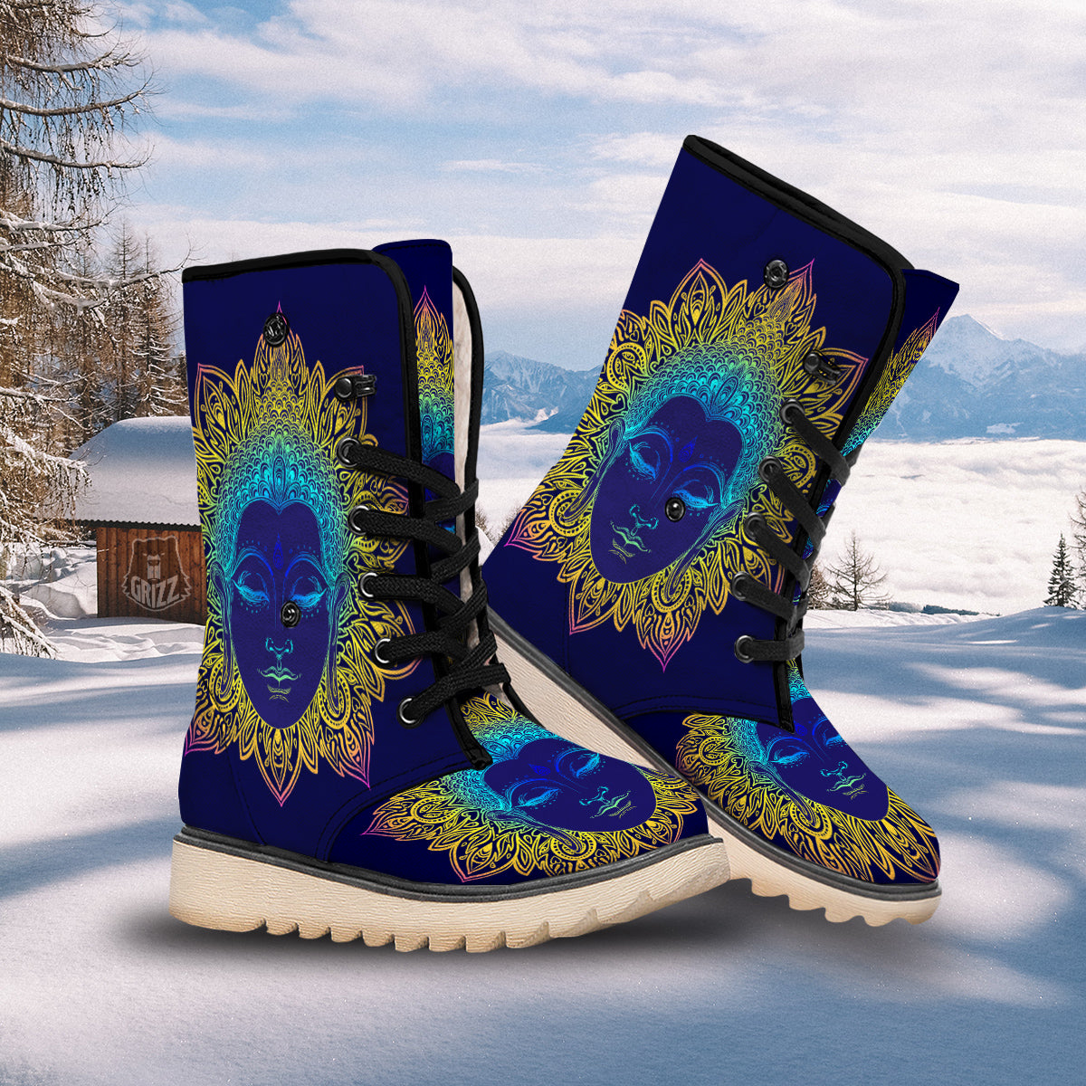 Mandala Buddha Colorful Print Snow Boots-grizzshop