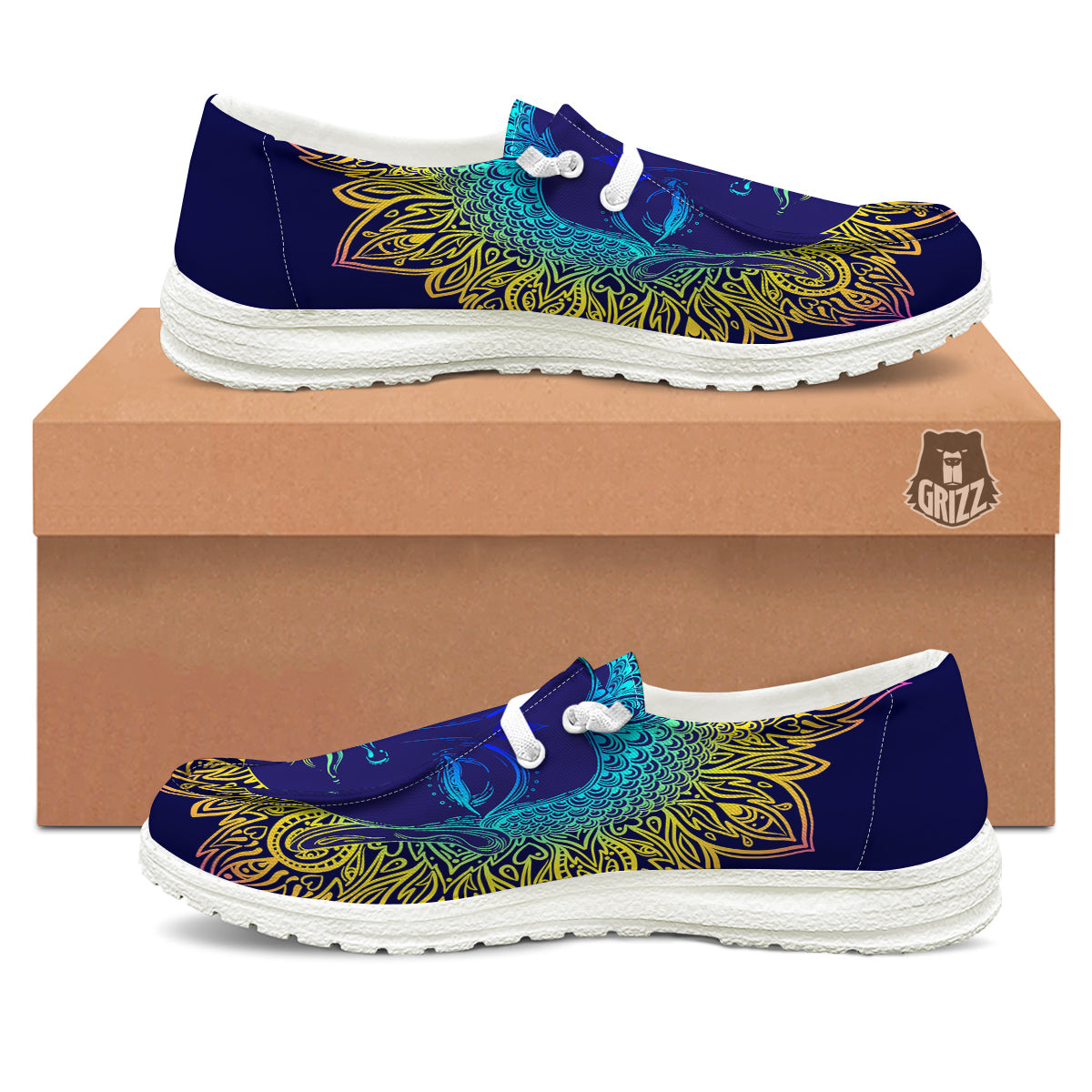 Mandala Buddha Colorful Print White Loafers-grizzshop