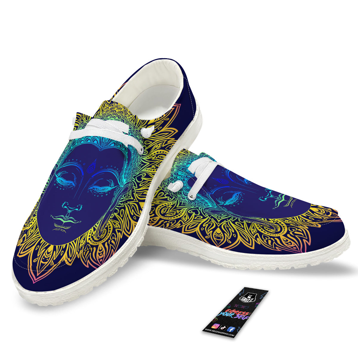 Mandala Buddha Colorful Print White Loafers-grizzshop