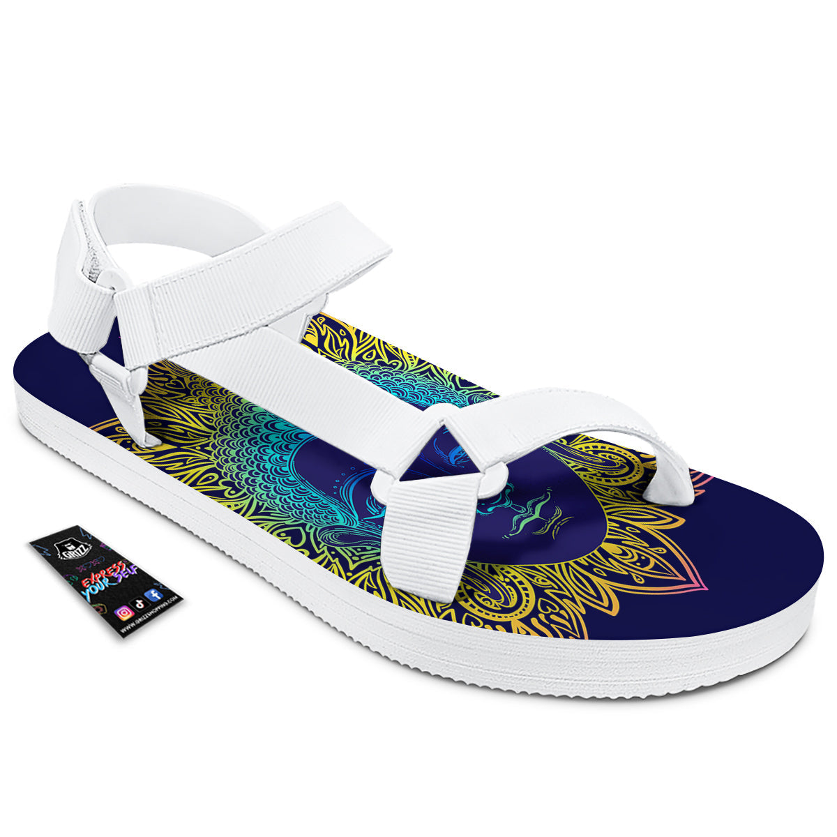 Mandala Buddha Colorful Print White Open Toe Sandals-grizzshop