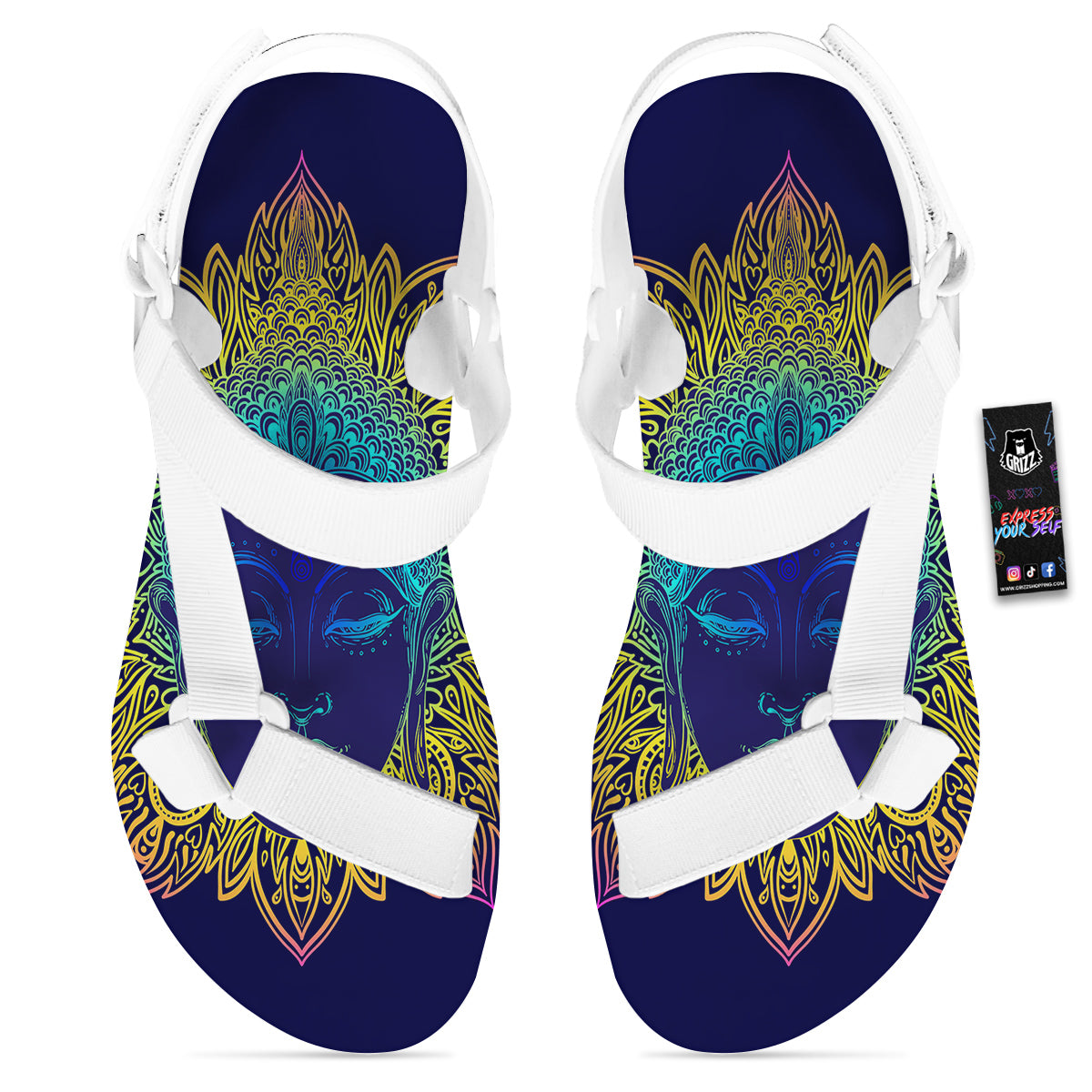 Mandala Buddha Colorful Print White Open Toe Sandals-grizzshop