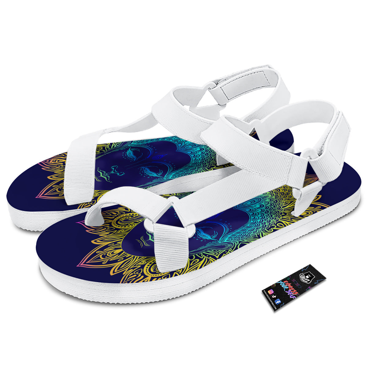 Mandala Buddha Colorful Print White Open Toe Sandals-grizzshop