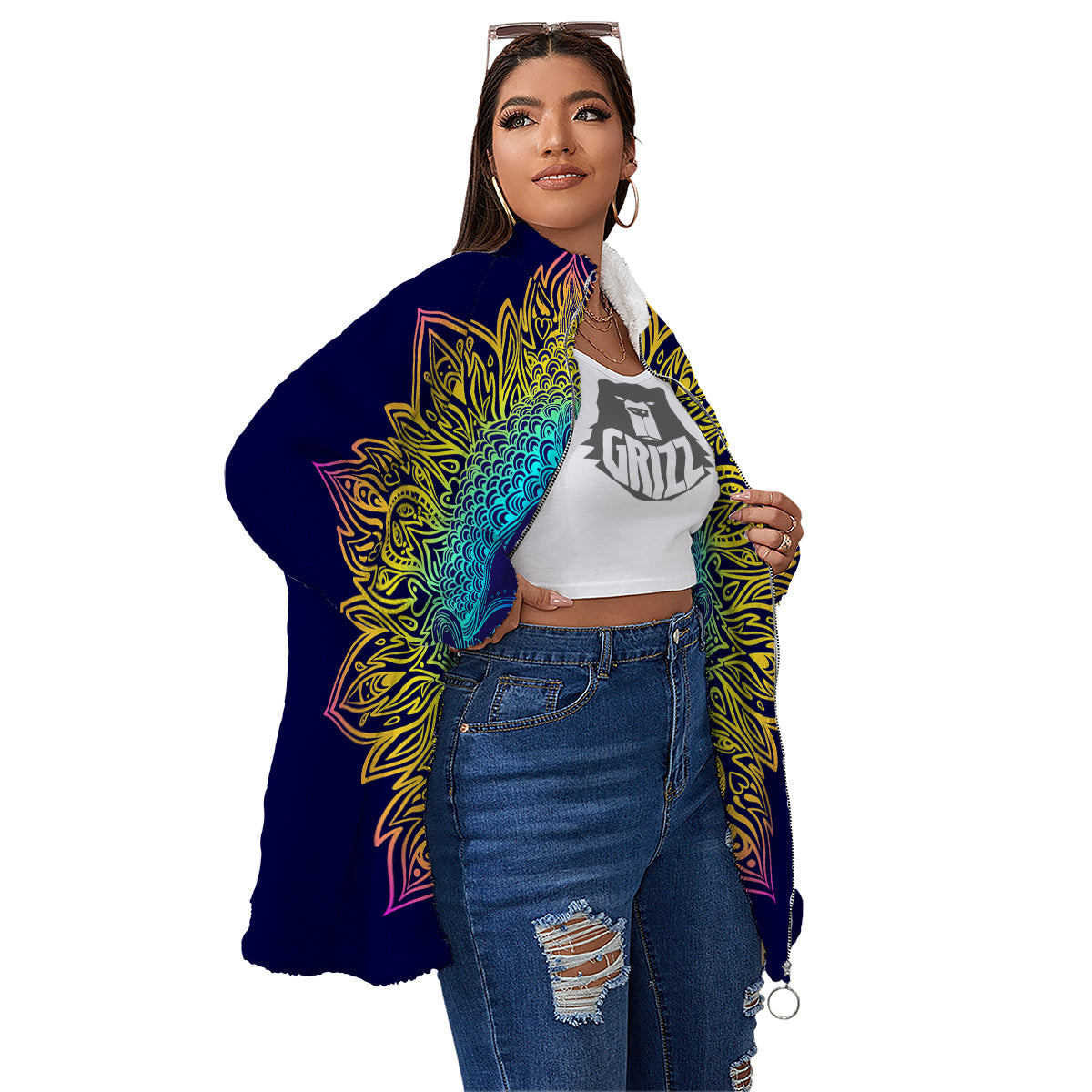 Mandala Buddha Colorful Print Women's Sherpa Jacket-grizzshop