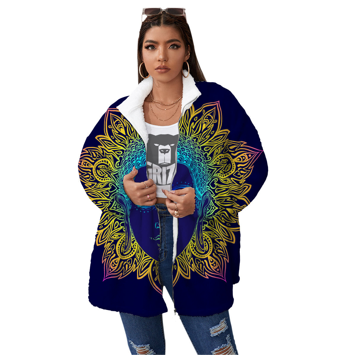 Mandala Buddha Colorful Print Women's Sherpa Jacket-grizzshop