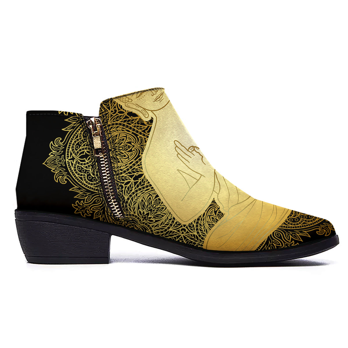 Mandala Buddha Statue Print Ankle Boots-grizzshop