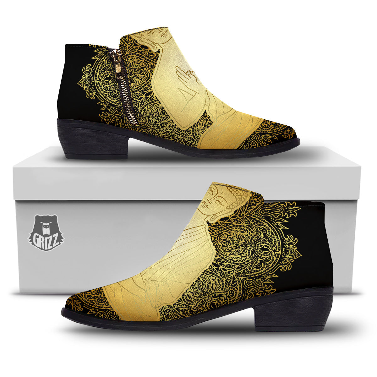 Mandala Buddha Statue Print Ankle Boots-grizzshop