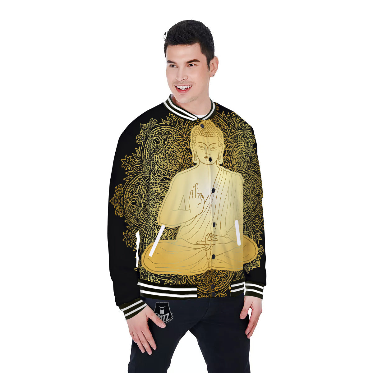 Mandala Buddha Statue Print Baseball Jacket-grizzshop