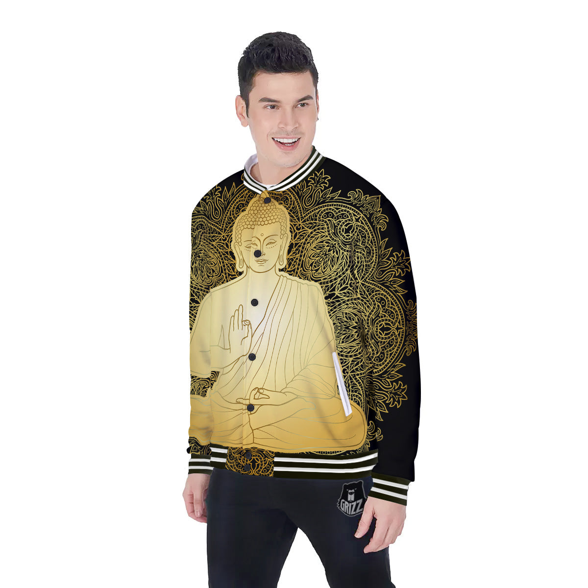 Mandala Buddha Statue Print Baseball Jacket-grizzshop