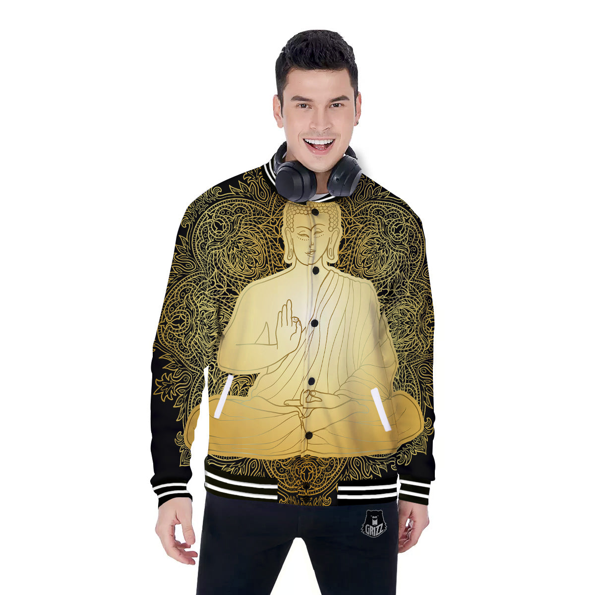 Mandala Buddha Statue Print Baseball Jacket-grizzshop