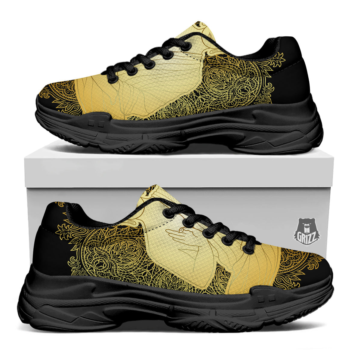 Mandala Buddha Statue Print Black Chunky Shoes-grizzshop