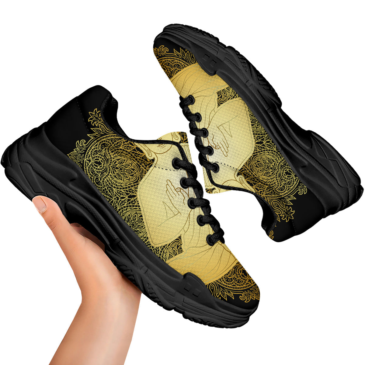 Mandala Buddha Statue Print Black Chunky Shoes-grizzshop