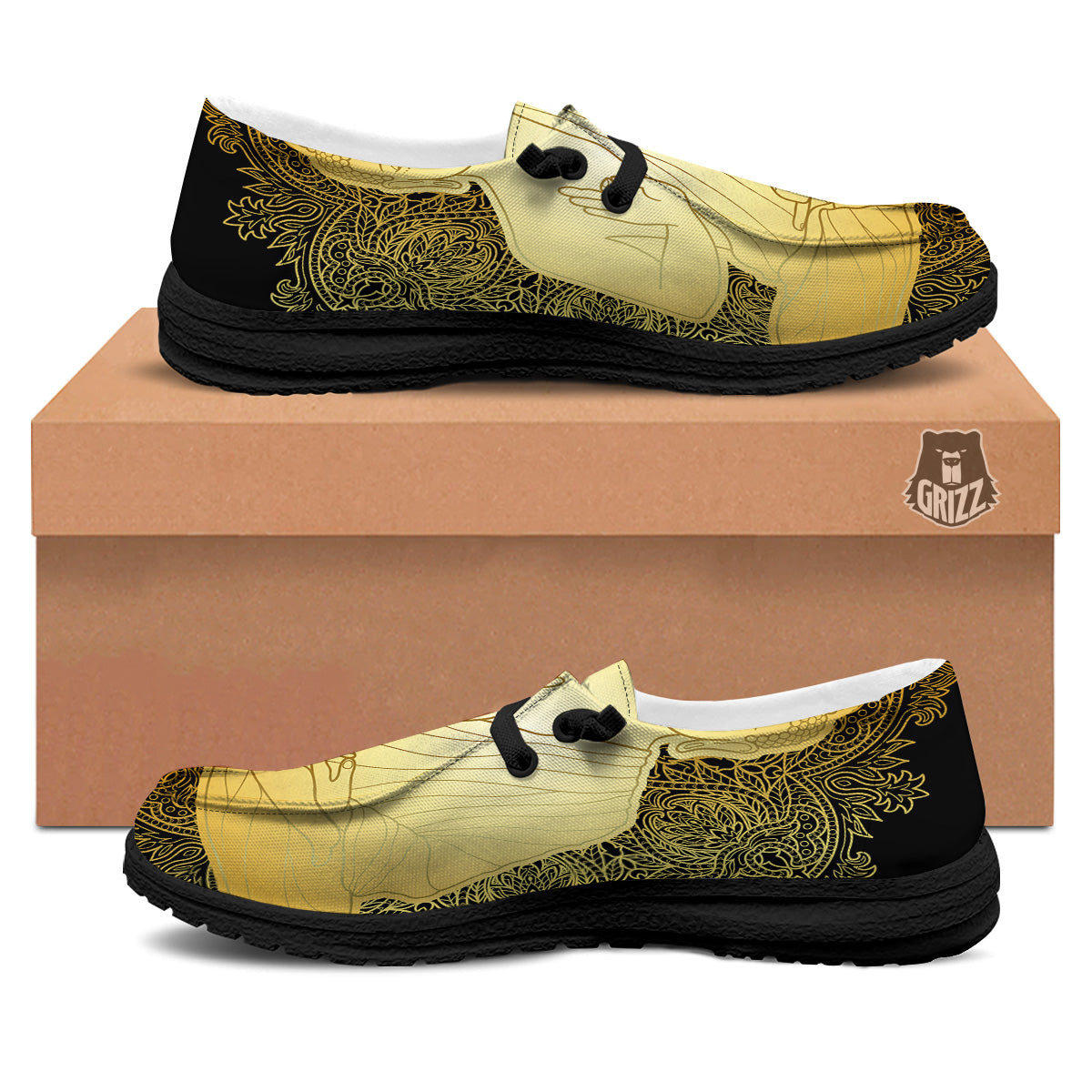 Mandala Buddha Statue Print Black Loafers-grizzshop