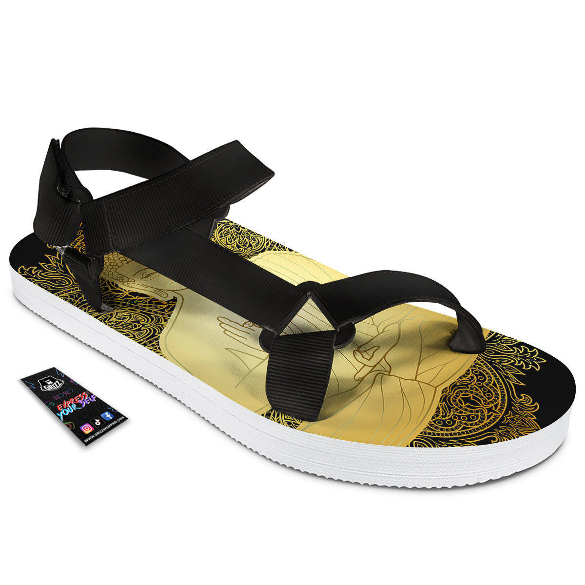 Mandala Buddha Statue Print Black Open Toe Sandals-grizzshop