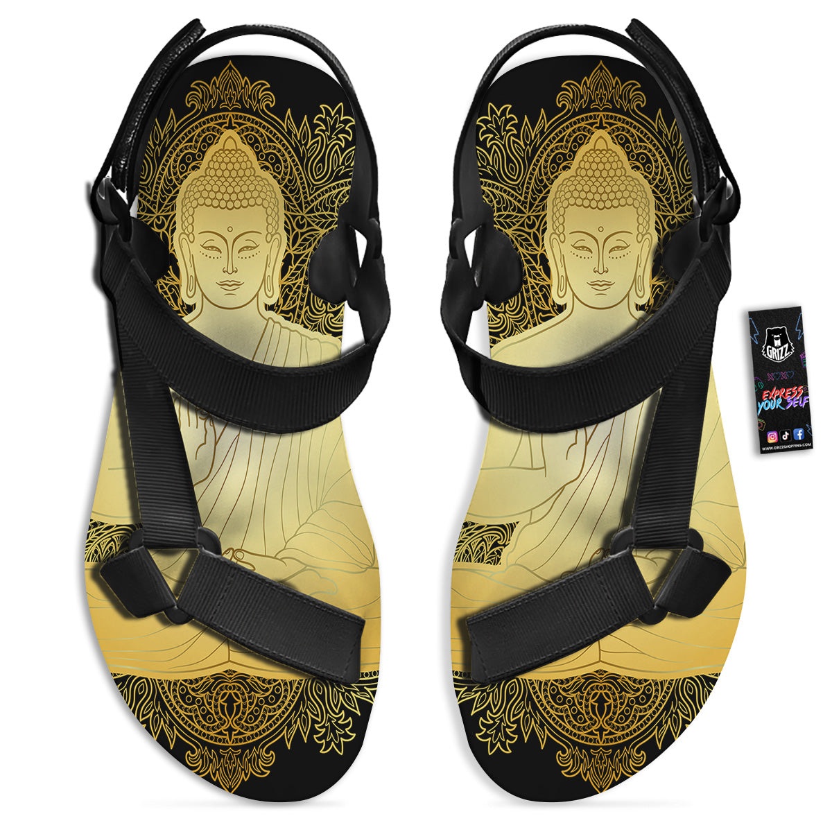 Mandala Buddha Statue Print Black Open Toe Sandals-grizzshop