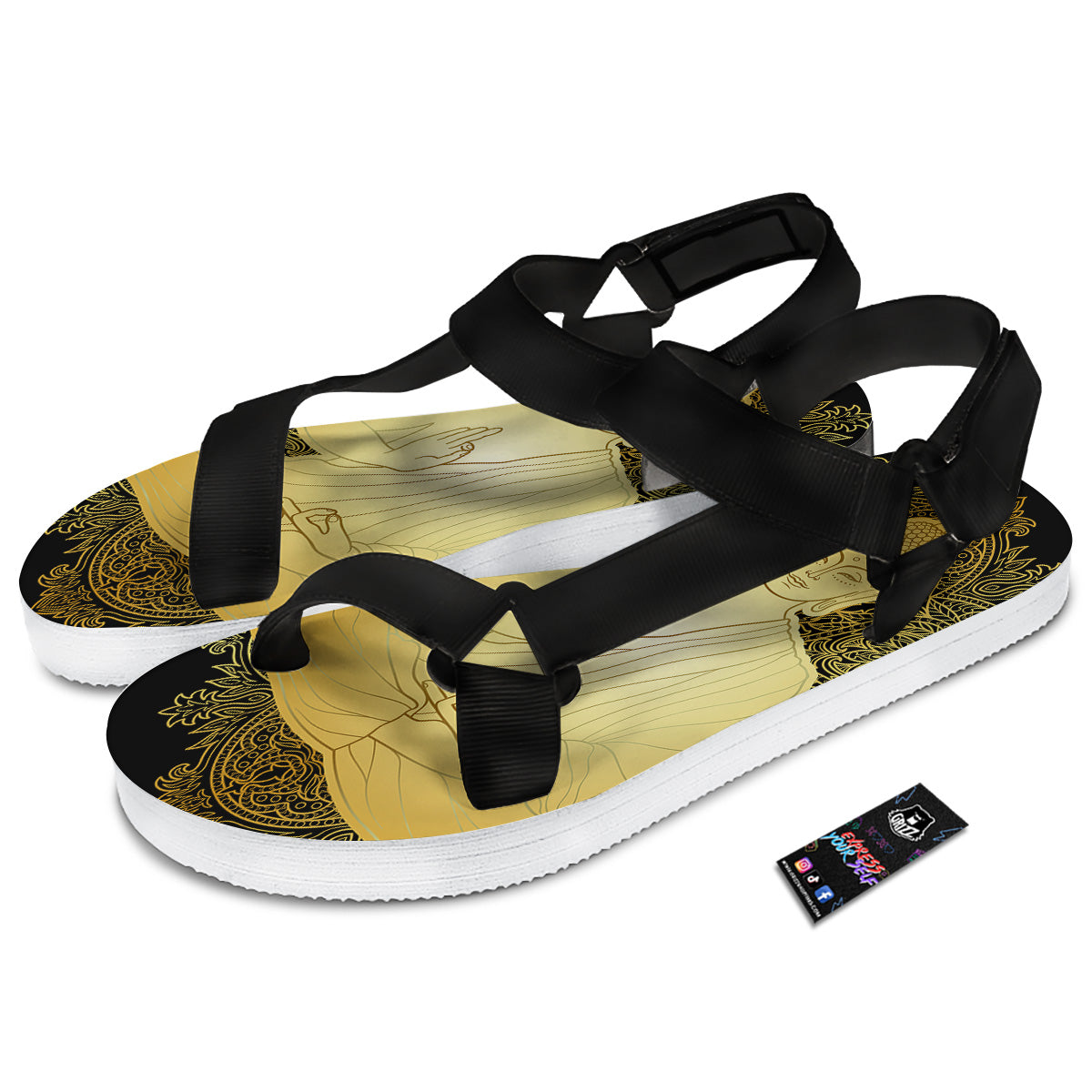 Mandala Buddha Statue Print Black Open Toe Sandals-grizzshop