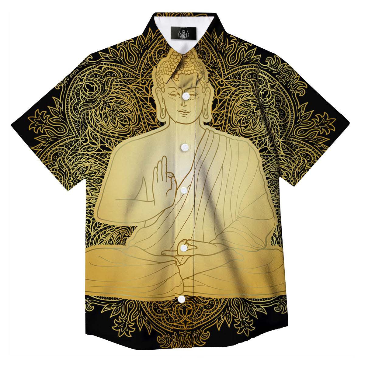 Mandala Buddha Statue Print Button Up Shirt-grizzshop