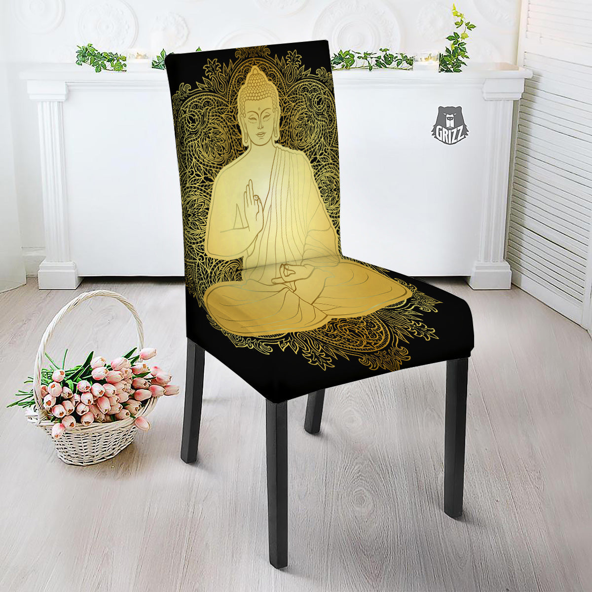Mandala Buddha Statue Print Dining Chair Slipcover-grizzshop