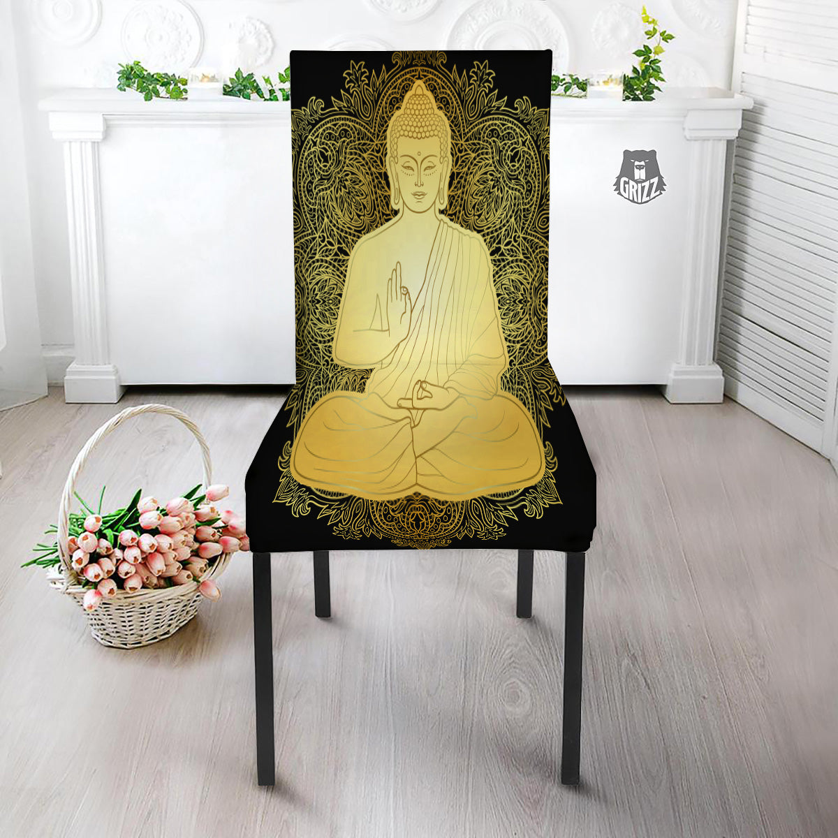 Mandala Buddha Statue Print Dining Chair Slipcover-grizzshop