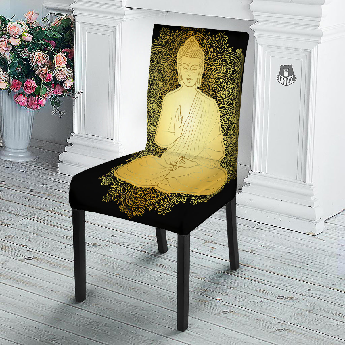 Mandala Buddha Statue Print Dining Chair Slipcover-grizzshop
