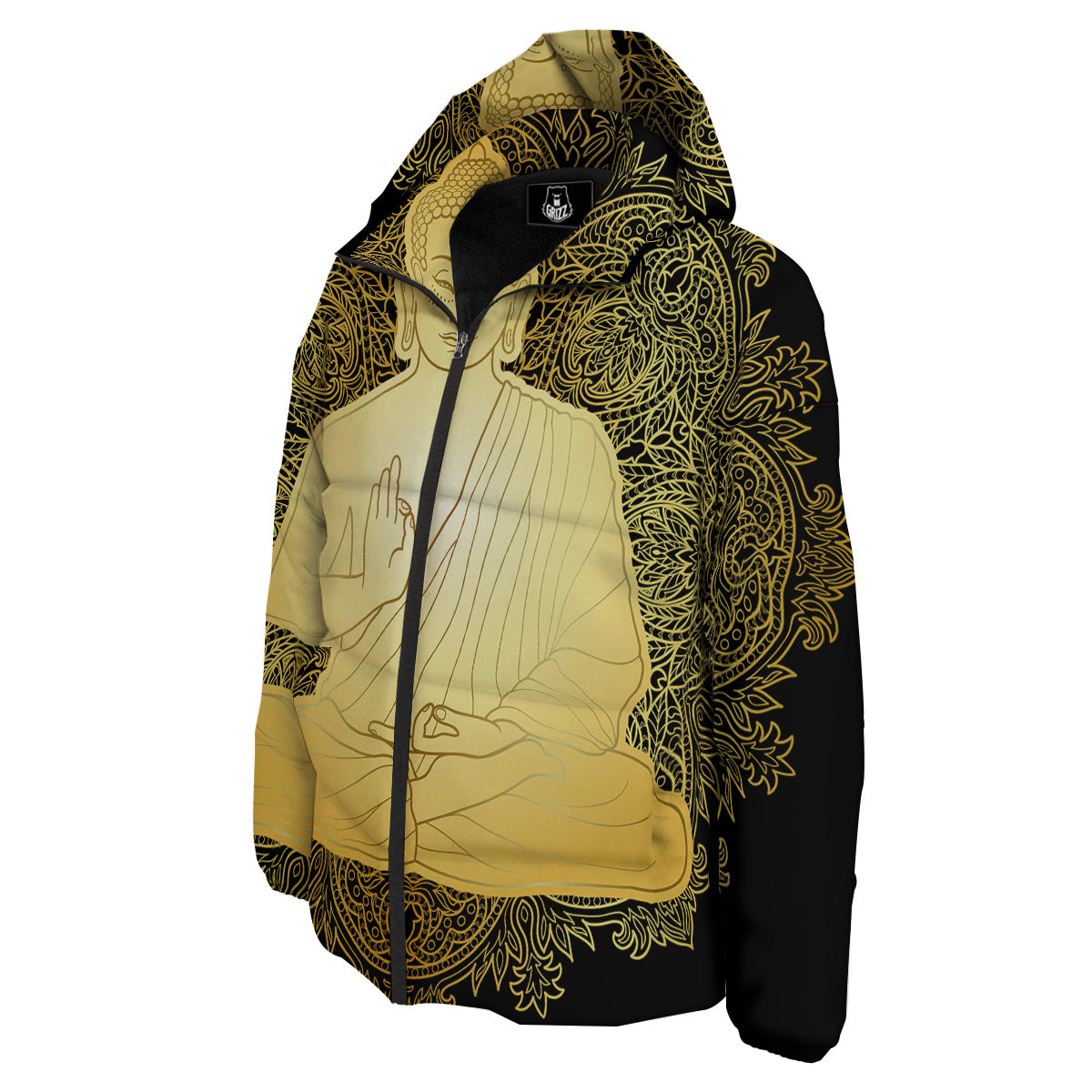 Mandala Buddha Statue Print Down Jacket-grizzshop