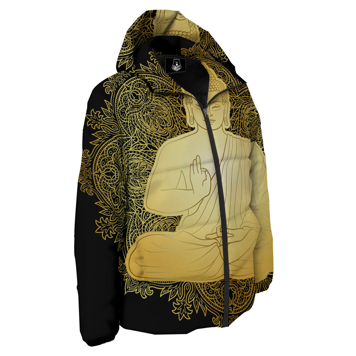 Mandala Buddha Statue Print Down Jacket-grizzshop