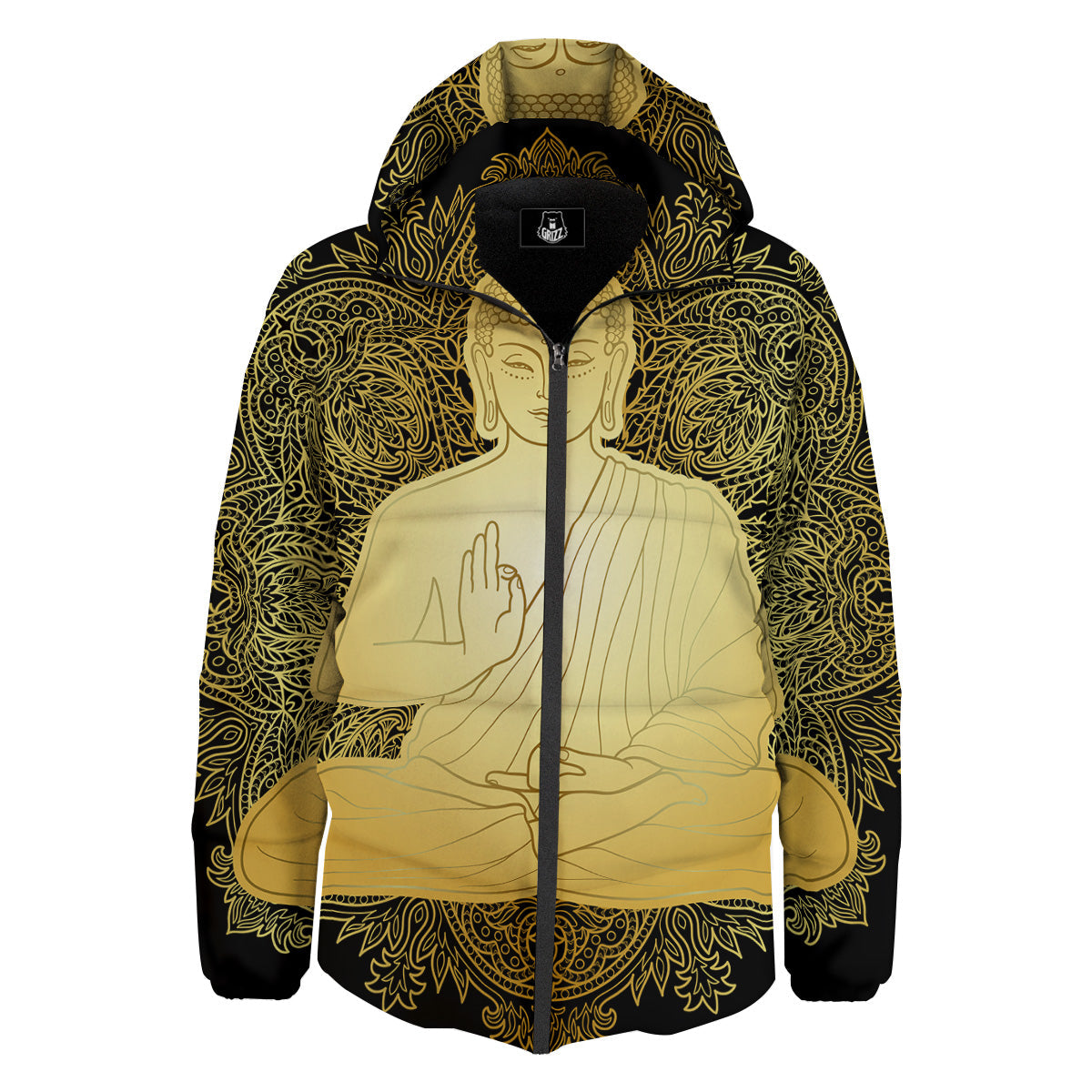Mandala Buddha Statue Print Down Jacket-grizzshop