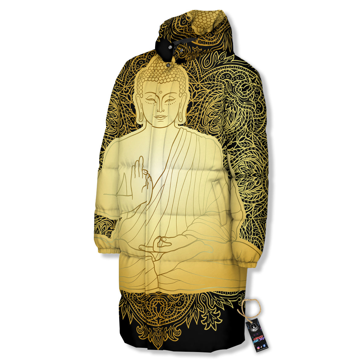 Mandala Buddha Statue Print Long Down Jacket-grizzshop