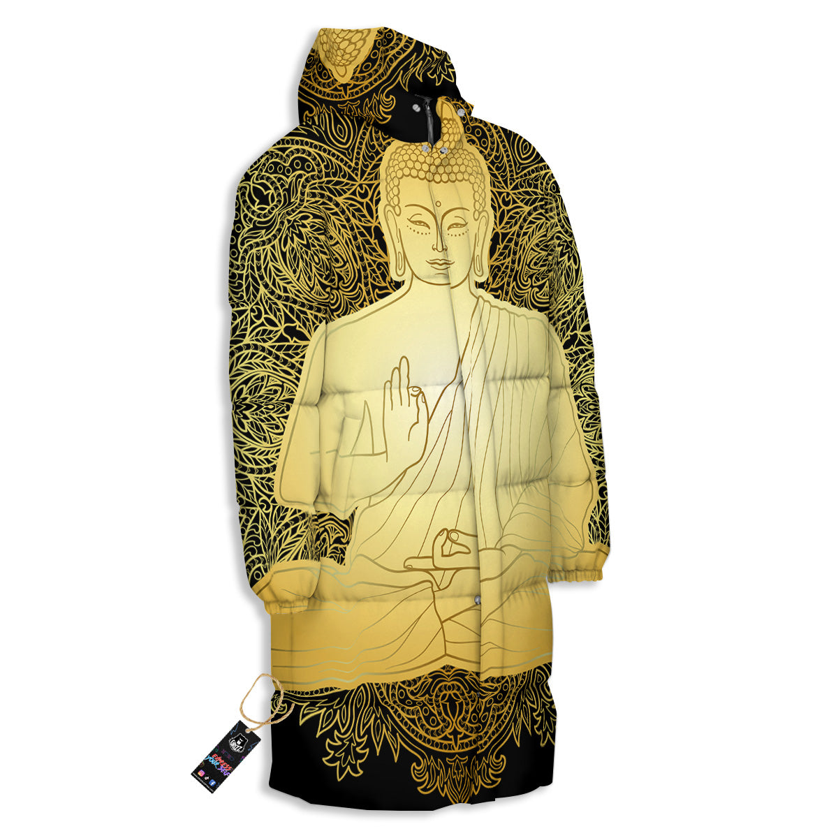 Mandala Buddha Statue Print Long Down Jacket-grizzshop