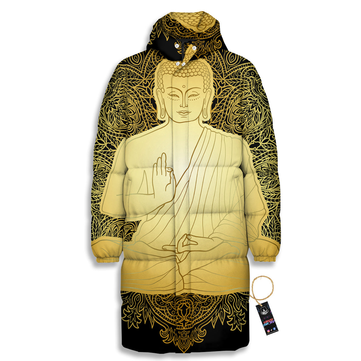 Mandala Buddha Statue Print Long Down Jacket-grizzshop