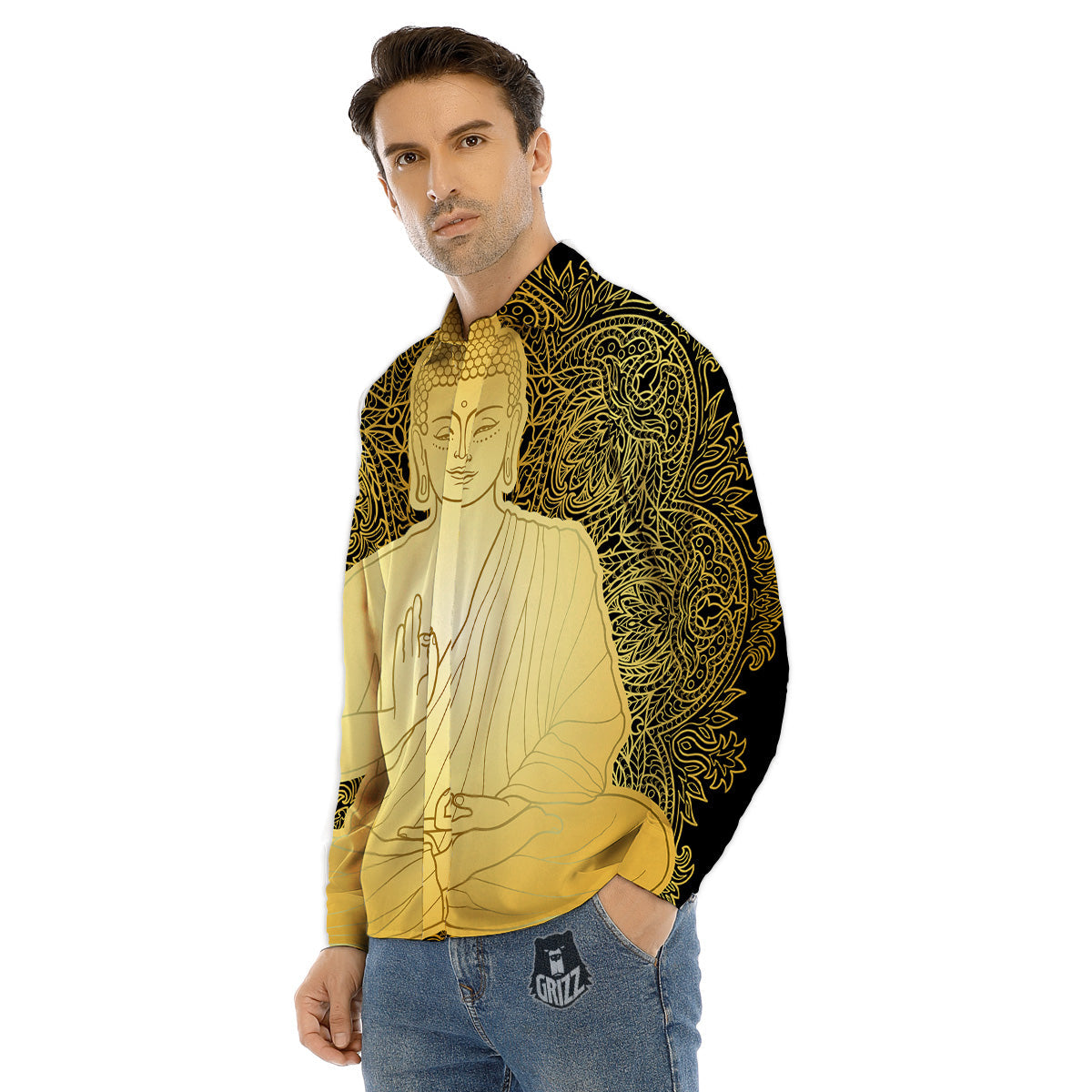 Mandala Buddha Statue Print Men's Dress Shirts-grizzshop