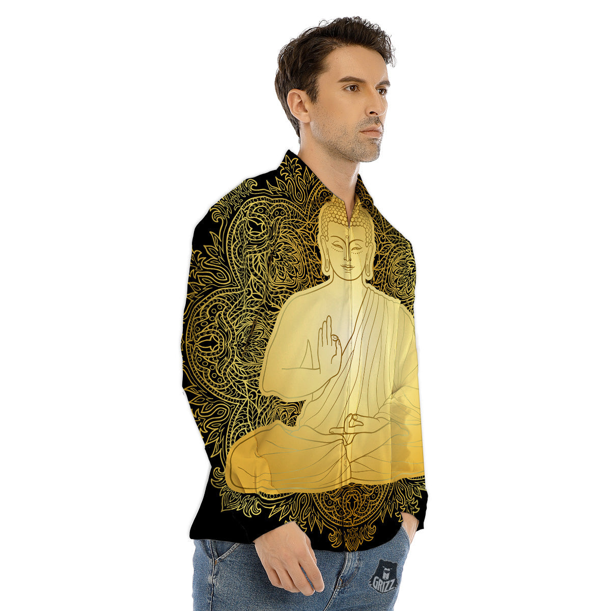 Mandala Buddha Statue Print Men's Dress Shirts-grizzshop