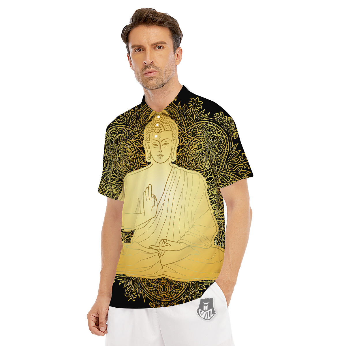 Mandala Buddha Statue Print Men's Golf Shirts-grizzshop