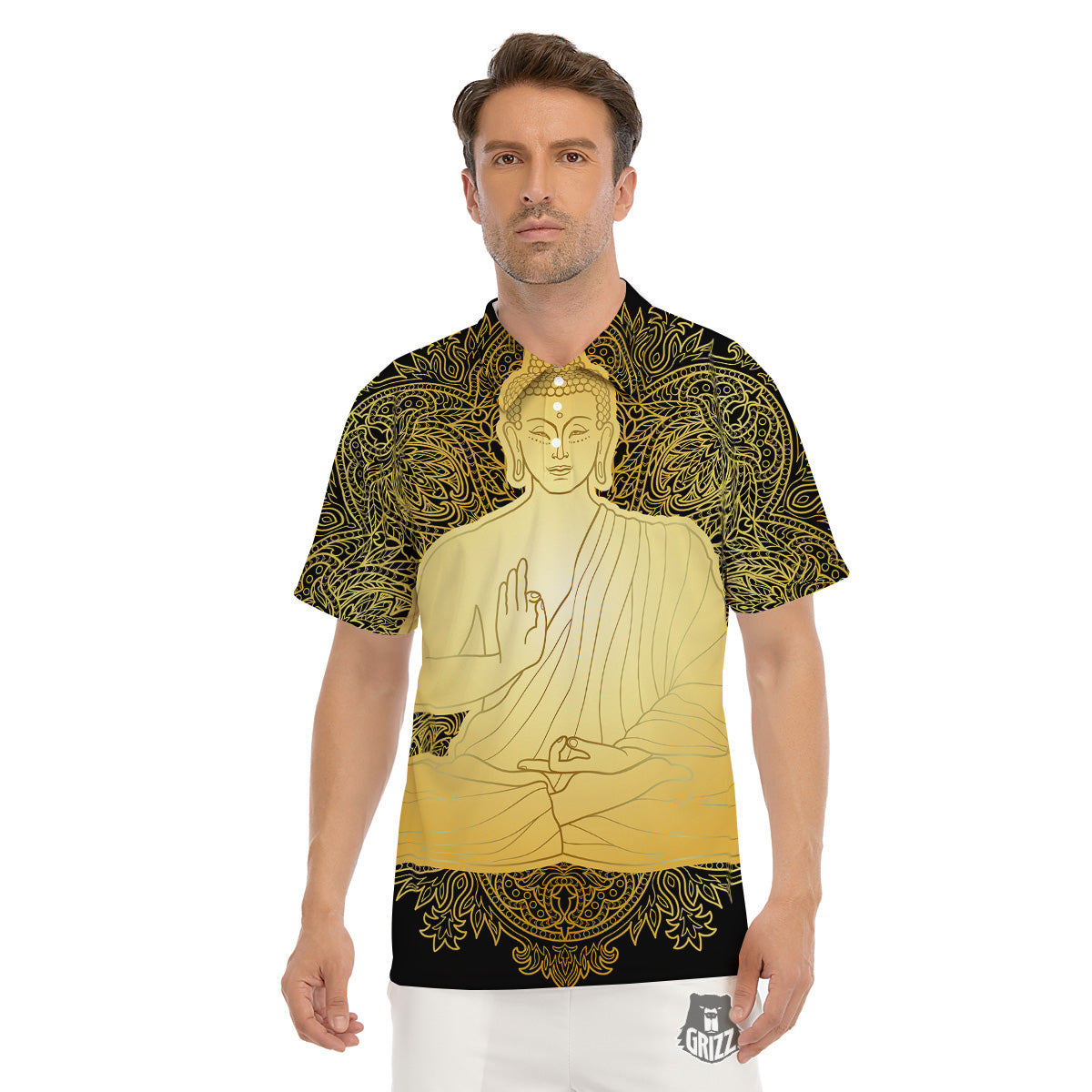 Mandala Buddha Statue Print Men's Golf Shirts-grizzshop