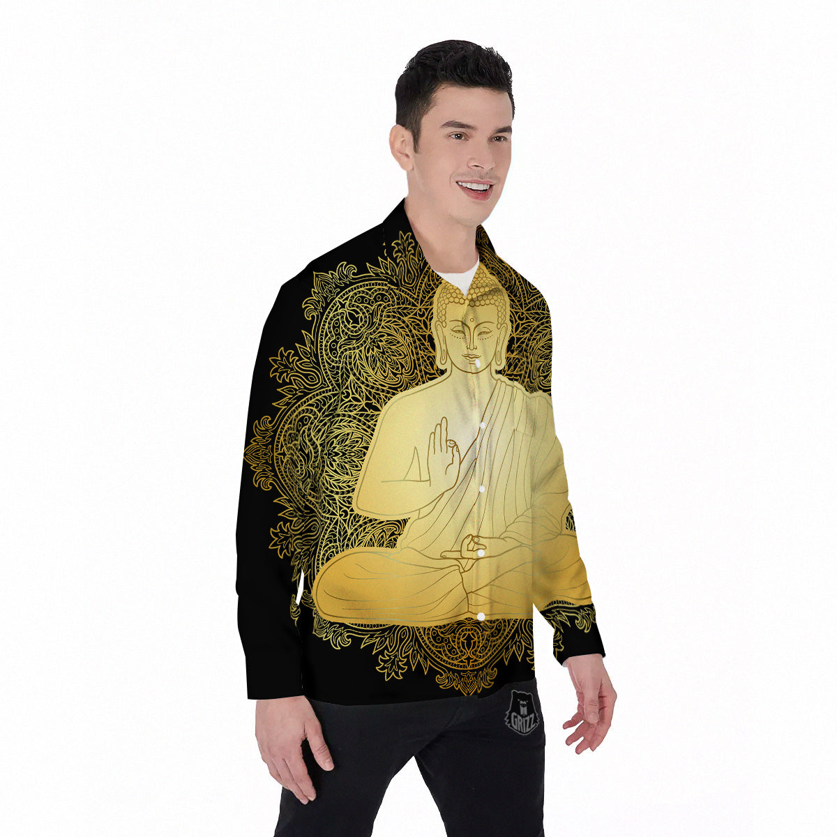 Mandala Buddha Statue Print Men's Long Sleeve Shirts-grizzshop
