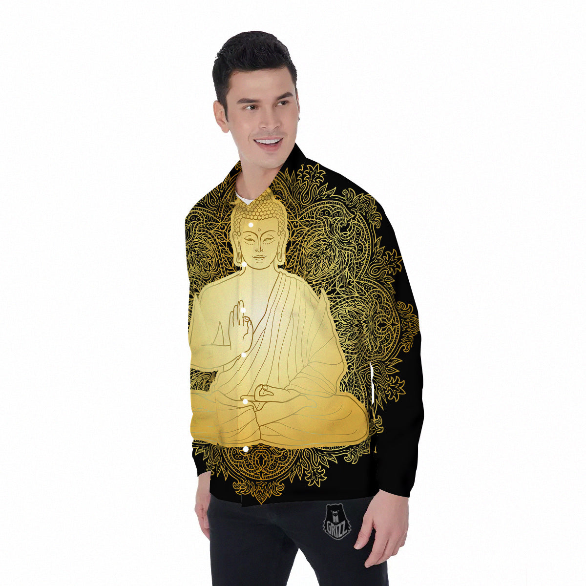 Mandala Buddha Statue Print Men's Long Sleeve Shirts-grizzshop