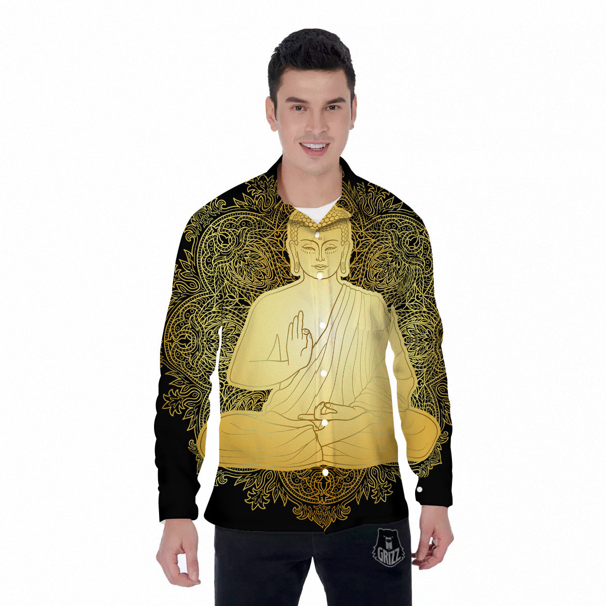 Mandala Buddha Statue Print Men's Long Sleeve Shirts-grizzshop