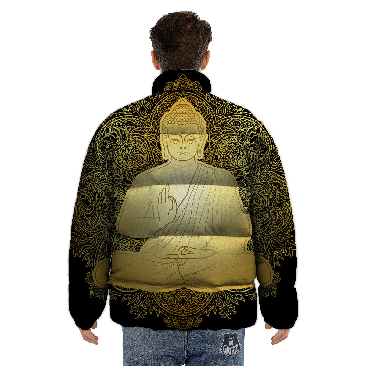 Mandala Buddha Statue Print Puffer Jacket-grizzshop