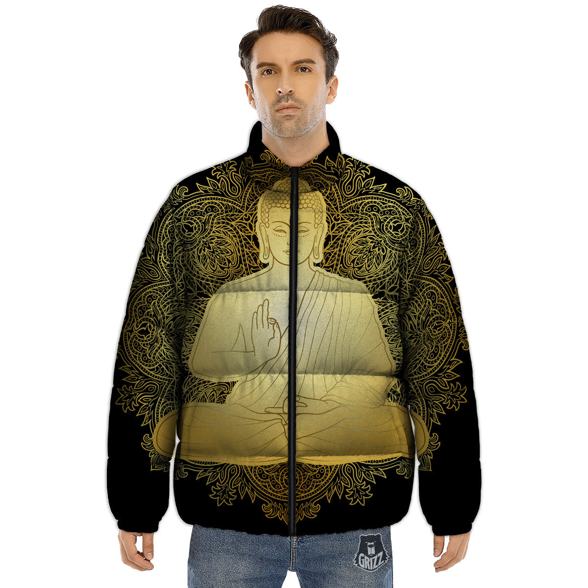 Mandala Buddha Statue Print Puffer Jacket-grizzshop